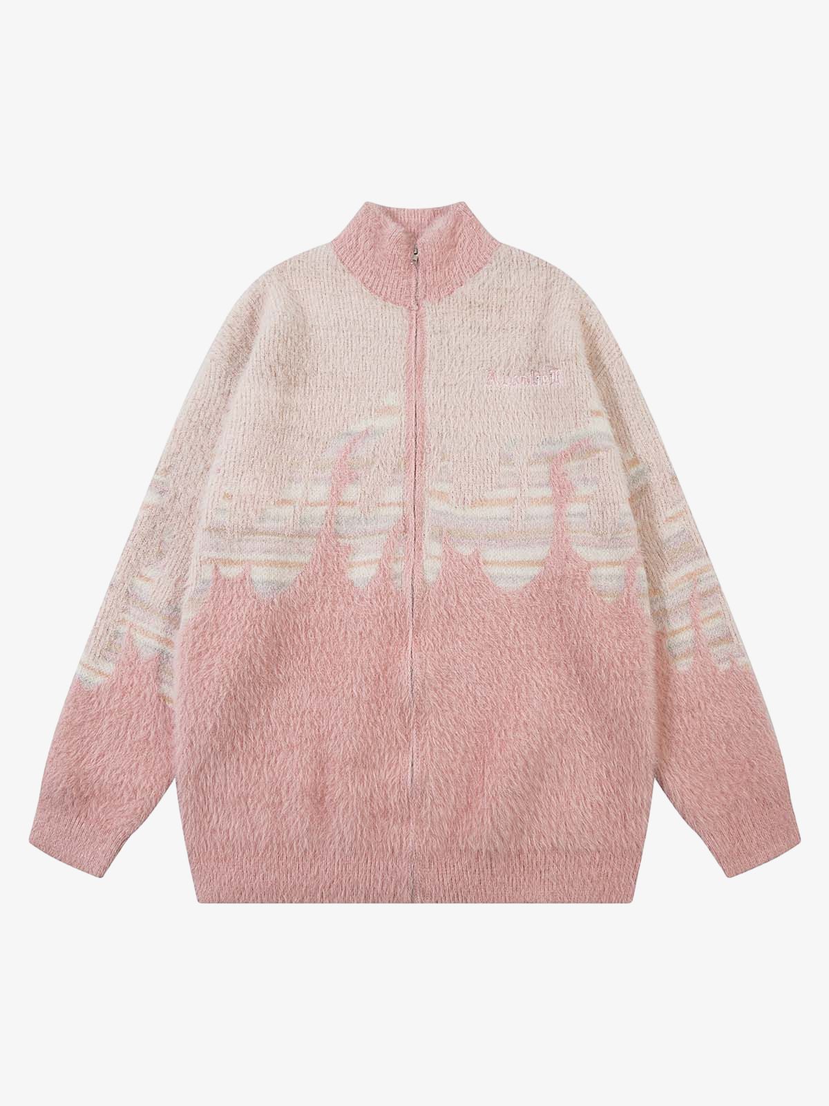 Thesupermade Flame Embroidery Fuzzy Zipper Sweater 