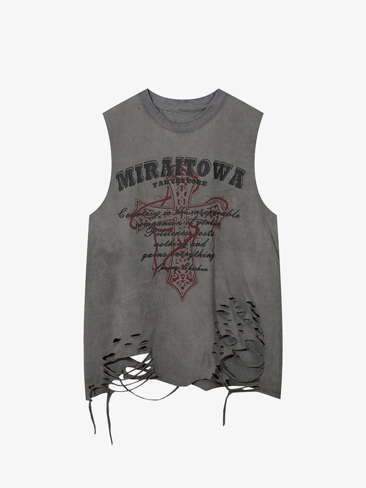 Distressed Ripped Graphic Cross Print Vest 