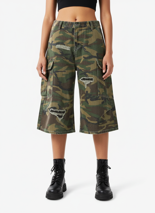 Retro Ripped Camouflage Cropped Jorts - 2387