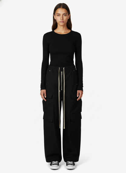 Woven Multi-Pocket Baggy Flared Pants - 2321