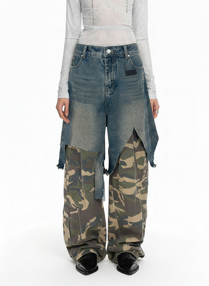 Retro Stitching Faux Two-Piece Camouflage Jeans - 2413