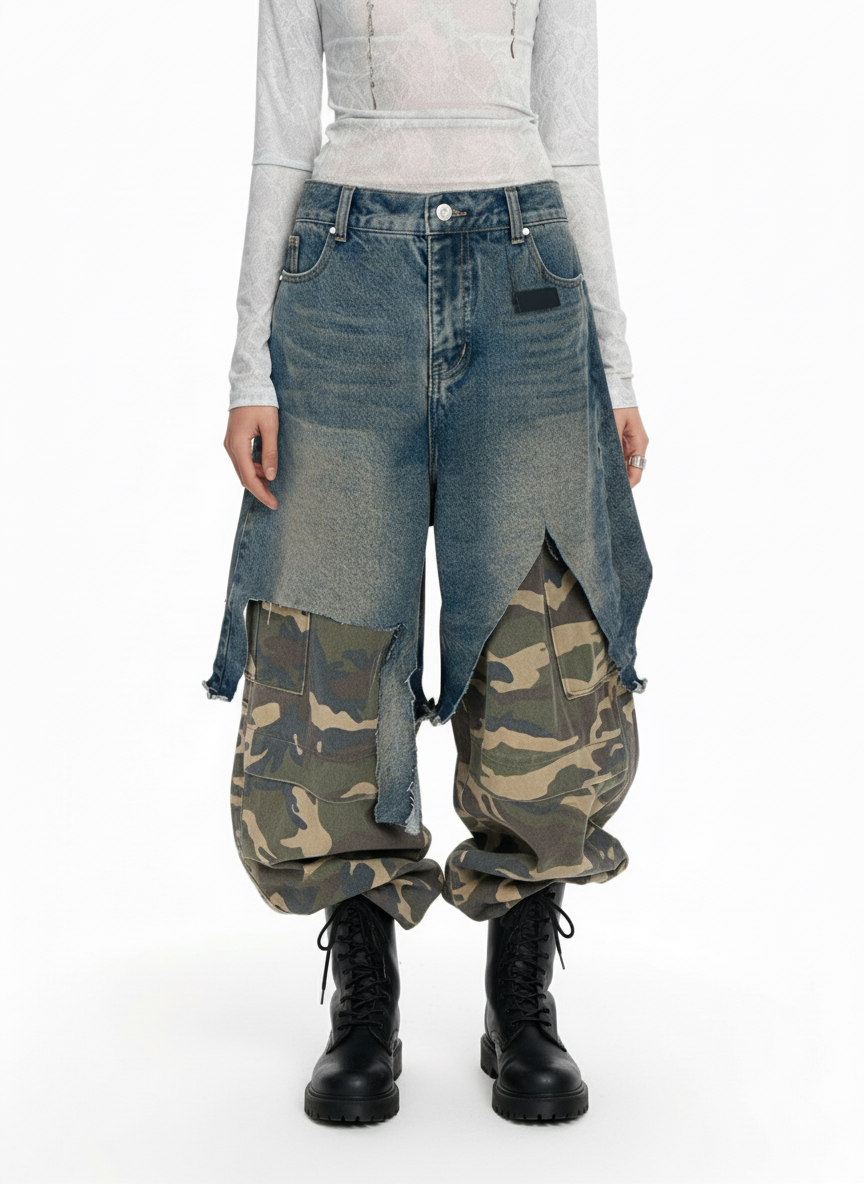 Retro Stitching Faux Two-Piece Camouflage Jeans - 2413
