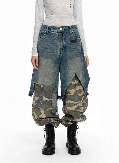Retro Stitching Faux Two-Piece Camouflage Jeans - 2413
