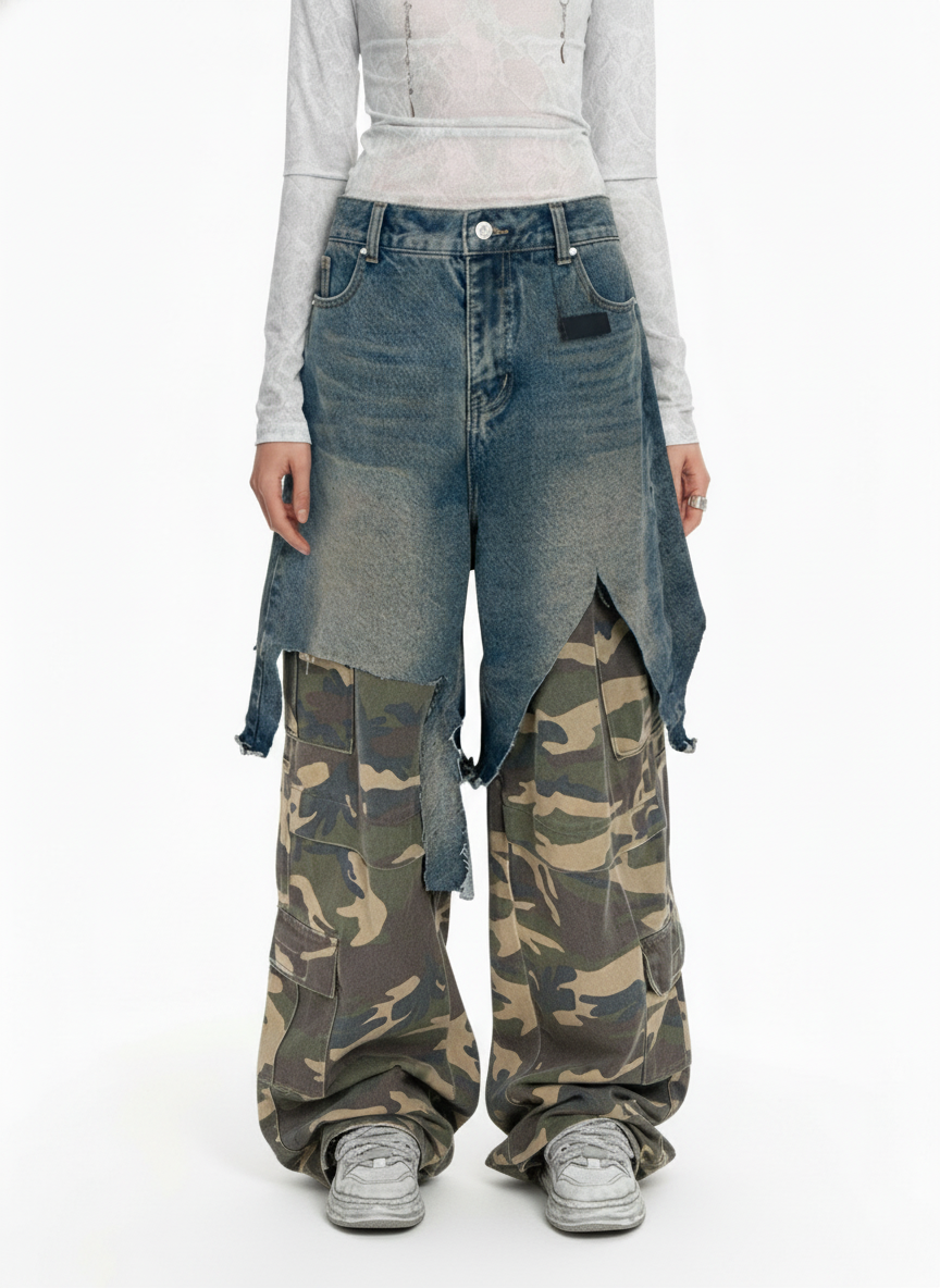 Retro Stitching Faux Two-Piece Camouflage Jeans - 2413