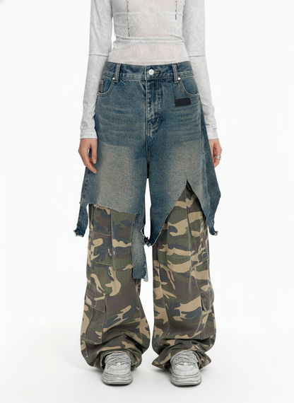 Retro Stitching Faux Two-Piece Camouflage Jeans - 2413