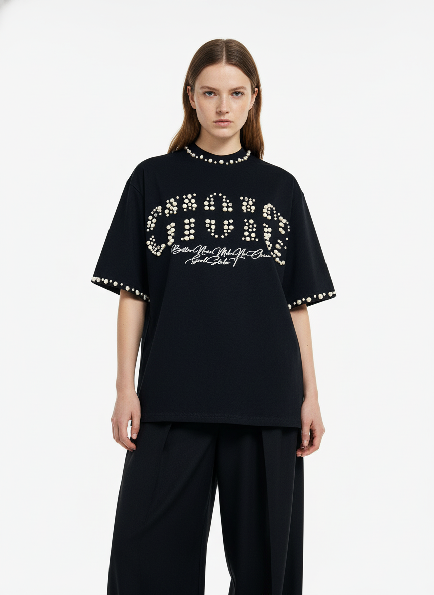 Elegant Pearl-Embellished Oversized T-Shirt