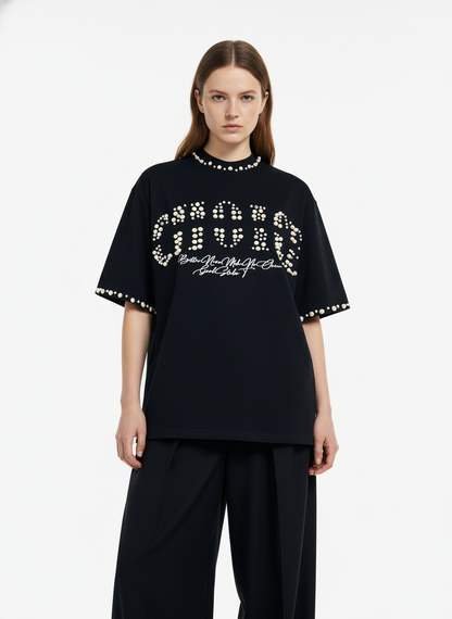 Elegant Pearl-Embellished Oversized T-Shirt