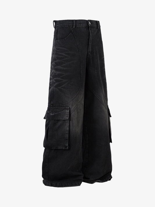 Washed Distressed Multi-Pocket Cargo Jeans 
