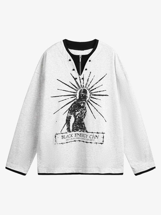 Retro Portrait Print Faux Two-Piece Long Sleeve T-Shirt - 2316 