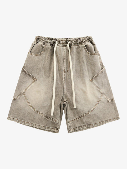 VINTAGE WASH DECONSTRUCTED DRAWSTRING DENIM SHORTS 