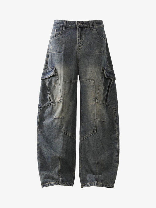 Washed Multi-Pocket Baggy Barrel Cargo Jeans 