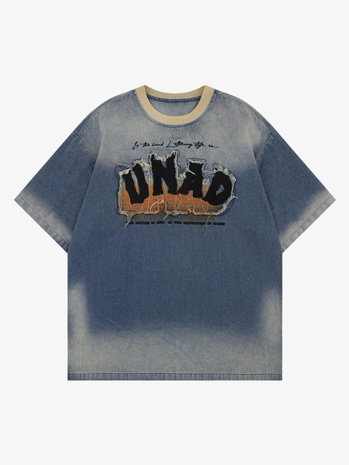 Distressed Washed Patchwork Gradient Denim T-shirt 