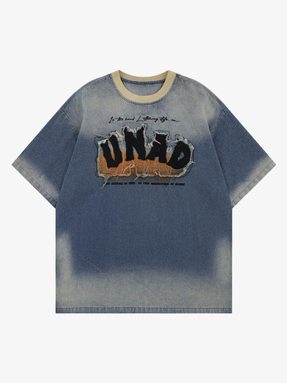 Distressed Washed Patchwork Gradient Denim T-shirt 