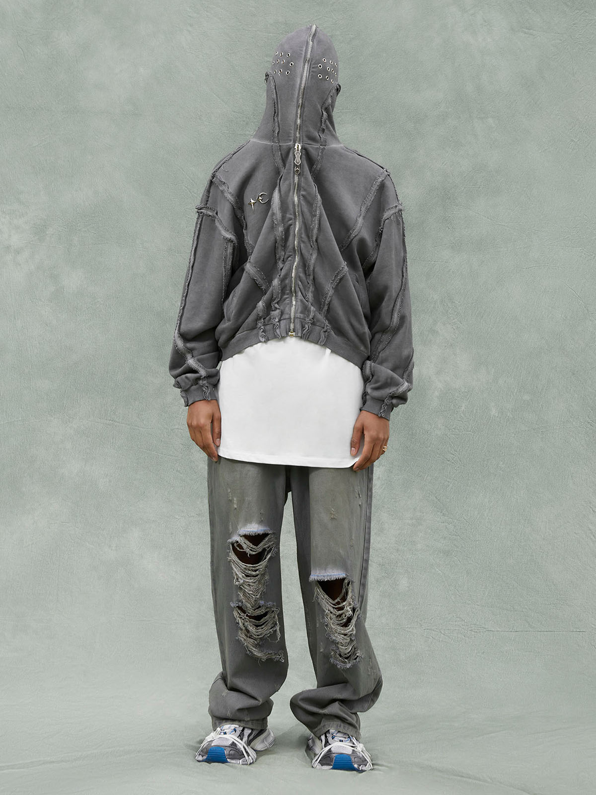 Thesupermade Heavy Washed Distressed Full Zip Hoodie - 2057 