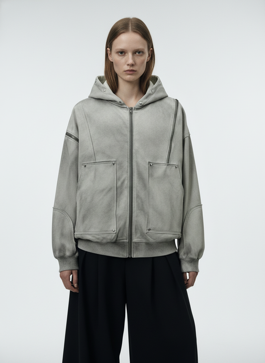 Street Washed Distressed Stitching Rivet Hooded Jacket