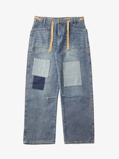 Thesupermade Drawstring Denim Patch Washed Jeans 