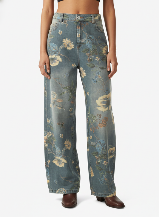 Denim Floral Print Carpenter Jeans - 2237