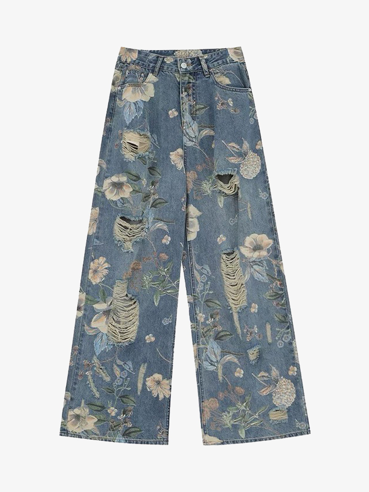 Vintage Washed Distressed Floral Ripped Baggy Jeans 