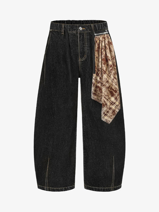 Patchwork Plaid Pleated Baggy Barrel Jeans - 2334 