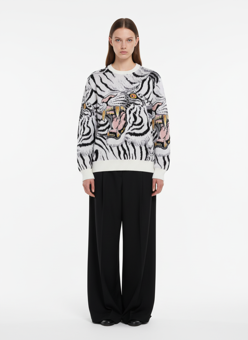 Tiger Crew Neck Knitted Sweater