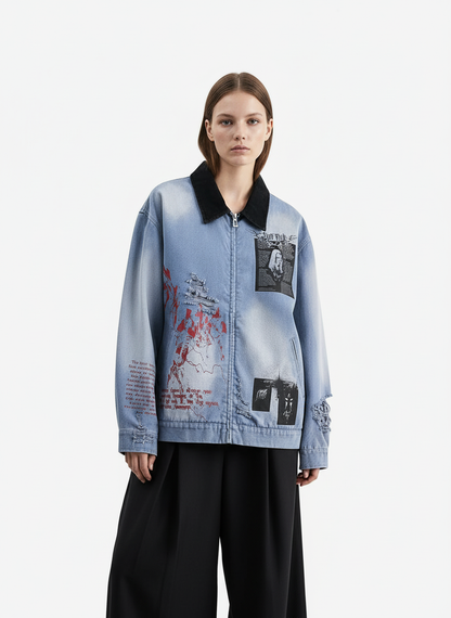 Ripped Graffiti Washed Zip Up Denim Jacket