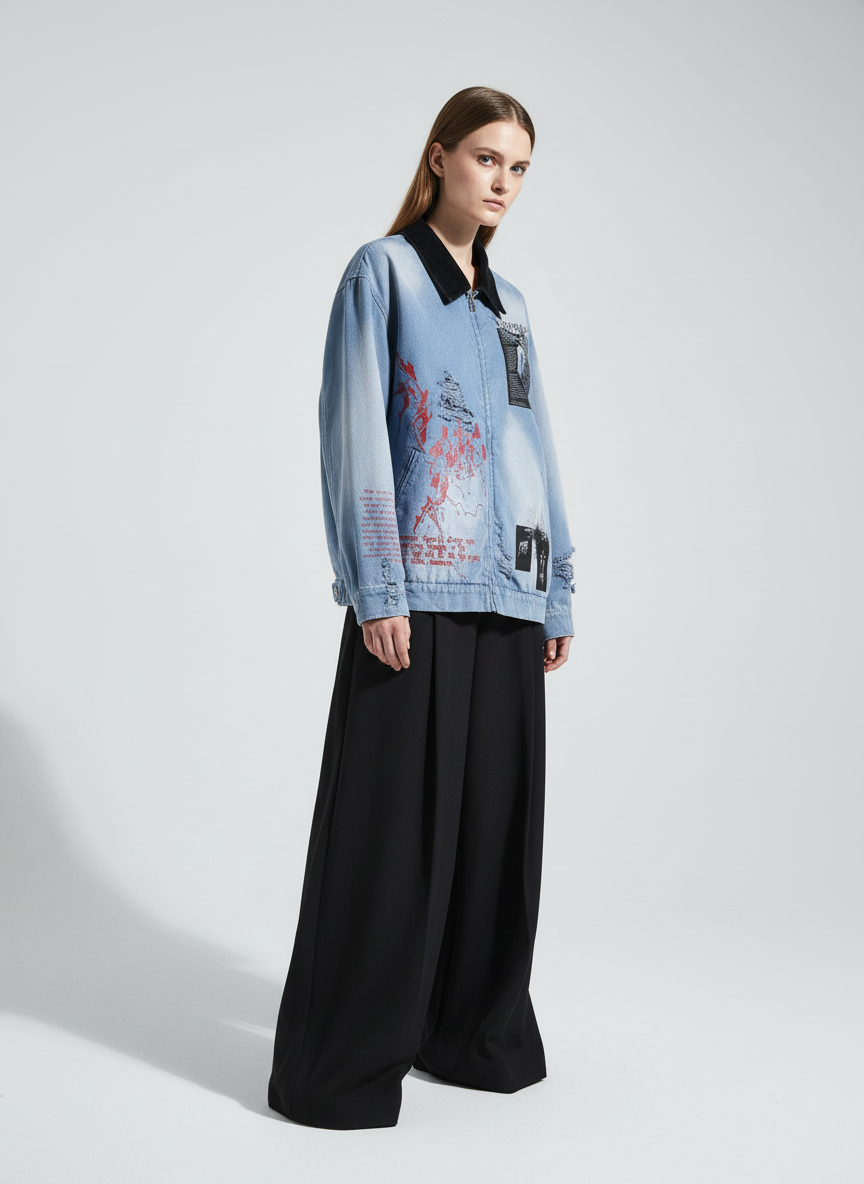 Ripped Graffiti Washed Zip Up Denim Jacket