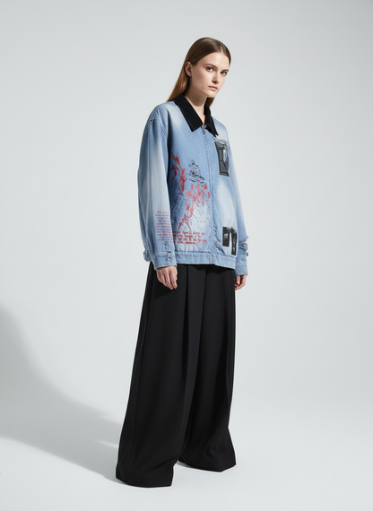 Ripped Graffiti Washed Zip Up Denim Jacket