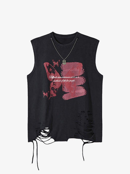 Asymmetric Distressed Graffiti Chain Vest 