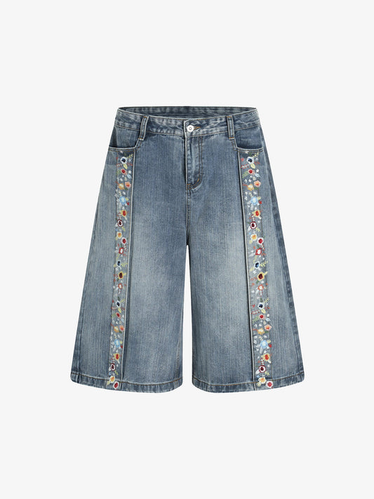 Embroidered Floral Culottes Denim Jorts 