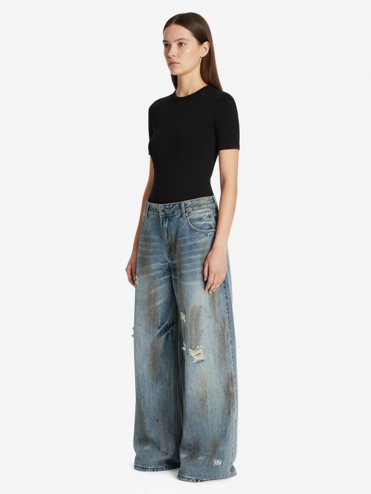Washed Distressed Ripped Barrel Jeans - 2445