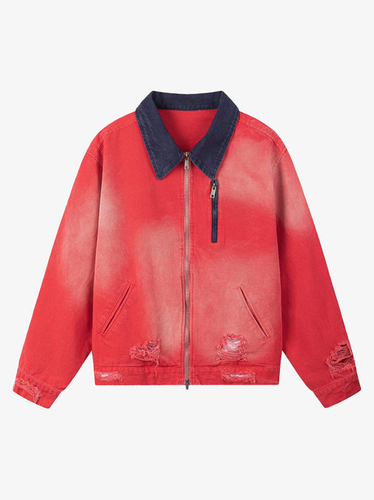 Retro Ripped Washed Contrast Color Work Jacket 