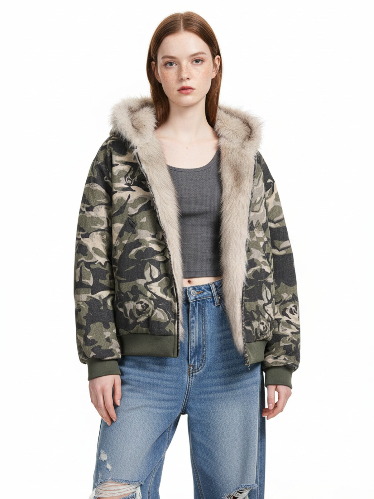 Thesupermade Camouflage Fur Hooded Jacket - 2353