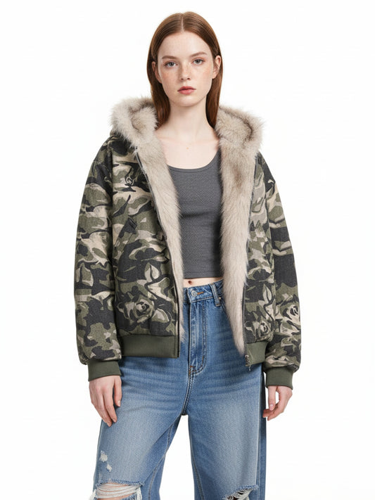 Thesupermade Camouflage Fur Hooded Jacket - 2353