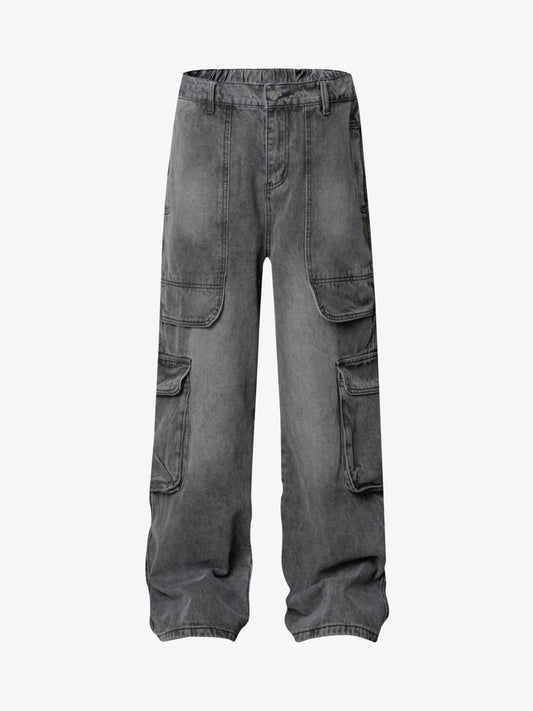 Washed Distressed Multi-Pocket Cargo Jeans 