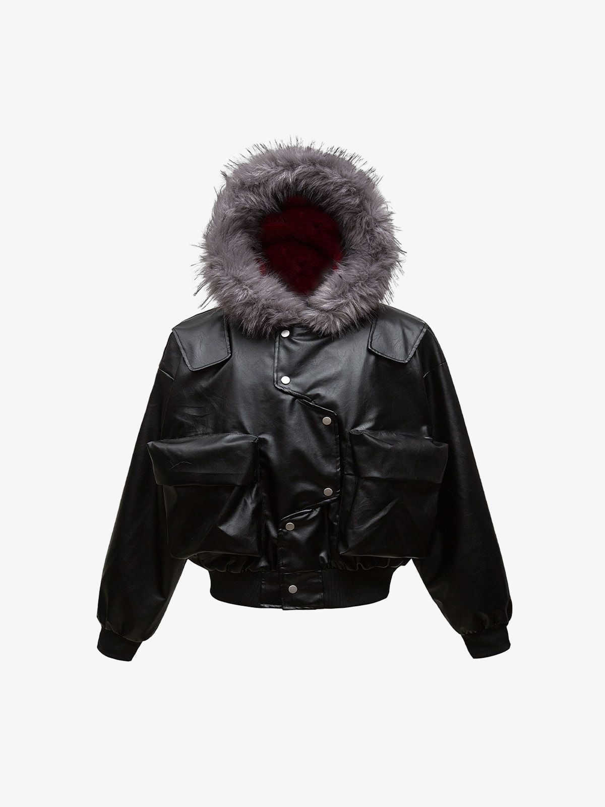 Deconstructed Multi Pocket Fur Hooded PU Leather Jacket 