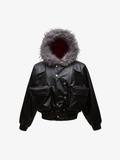 Deconstructed Multi Pocket Fur Hooded PU Leather Jacket 
