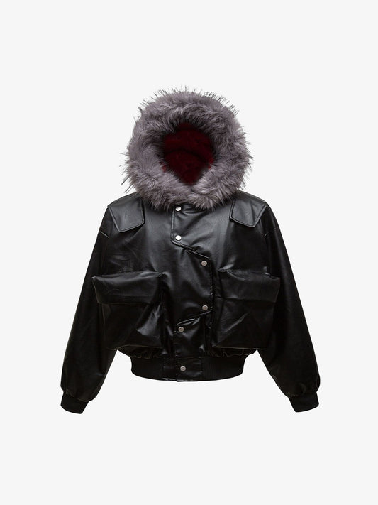 Deconstructed Multi Pocket Fur Hooded PU Leather Jacket 