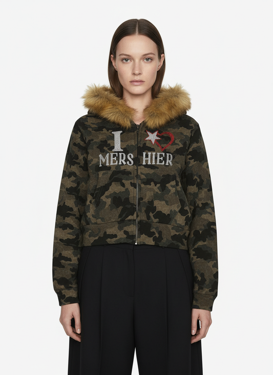 Hotfix Rhinestones Camouflage Fur Hooded Fleece Jacket - 2357