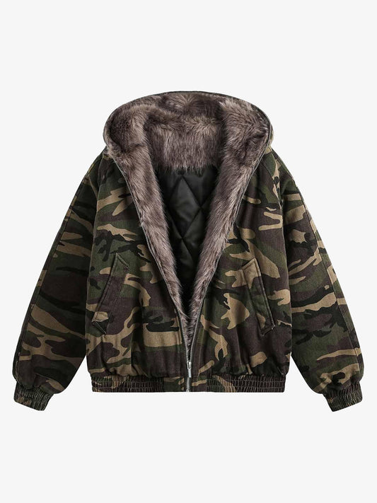 Thesupermade Camouflage Fur Collar Hooded Quilted Jacket 