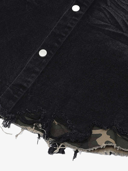 Thesupermade Patchwork Camouflage Ripped Shirt Jorts Denim Suit 