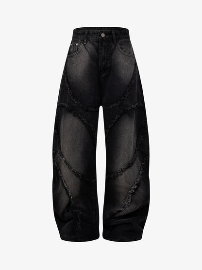 Washed Distressed Raw Edge Barrel Jeans - 2402 