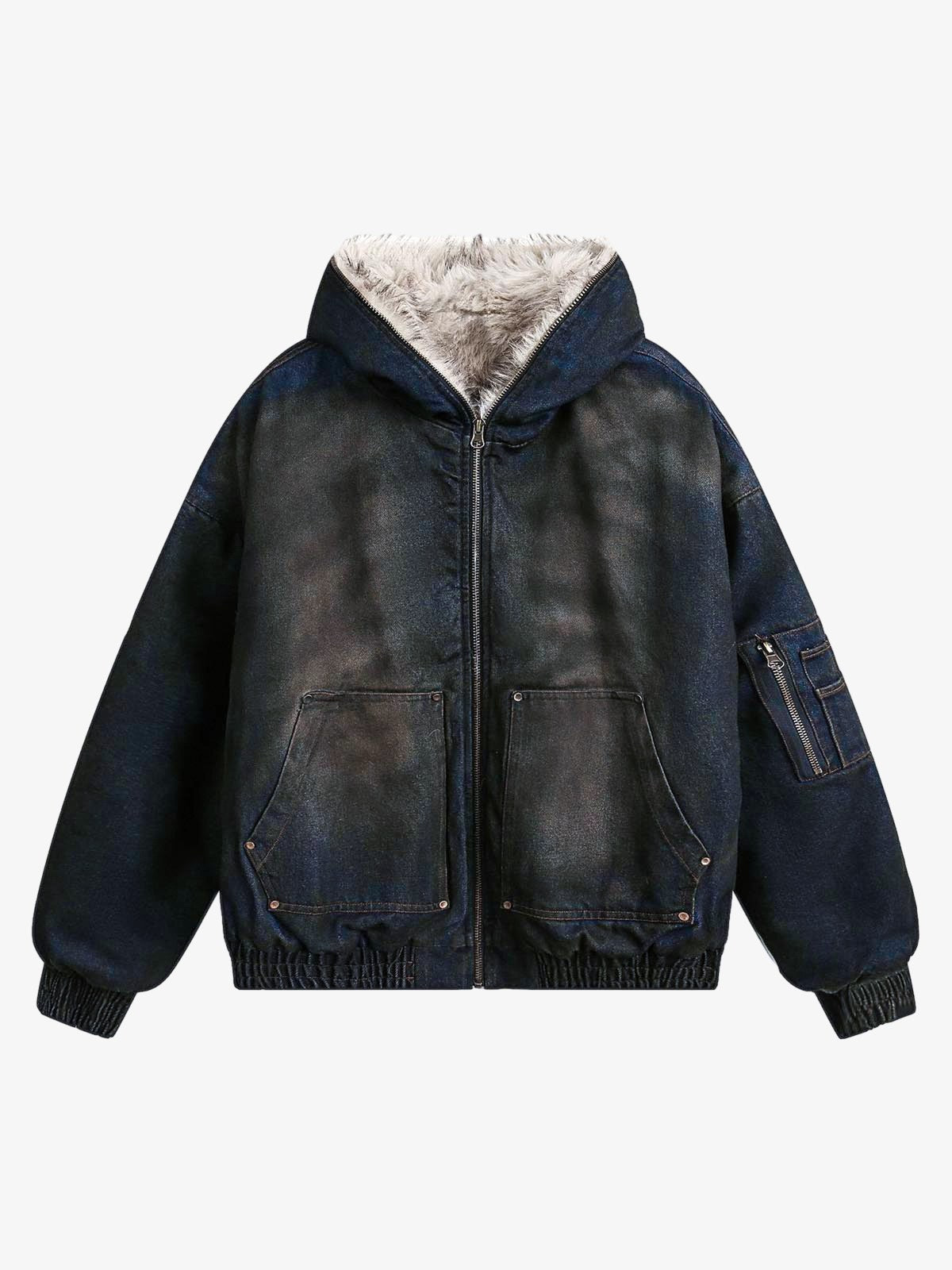 Thesupermade Washed Denim Fur Hooded Jacket - 2265 