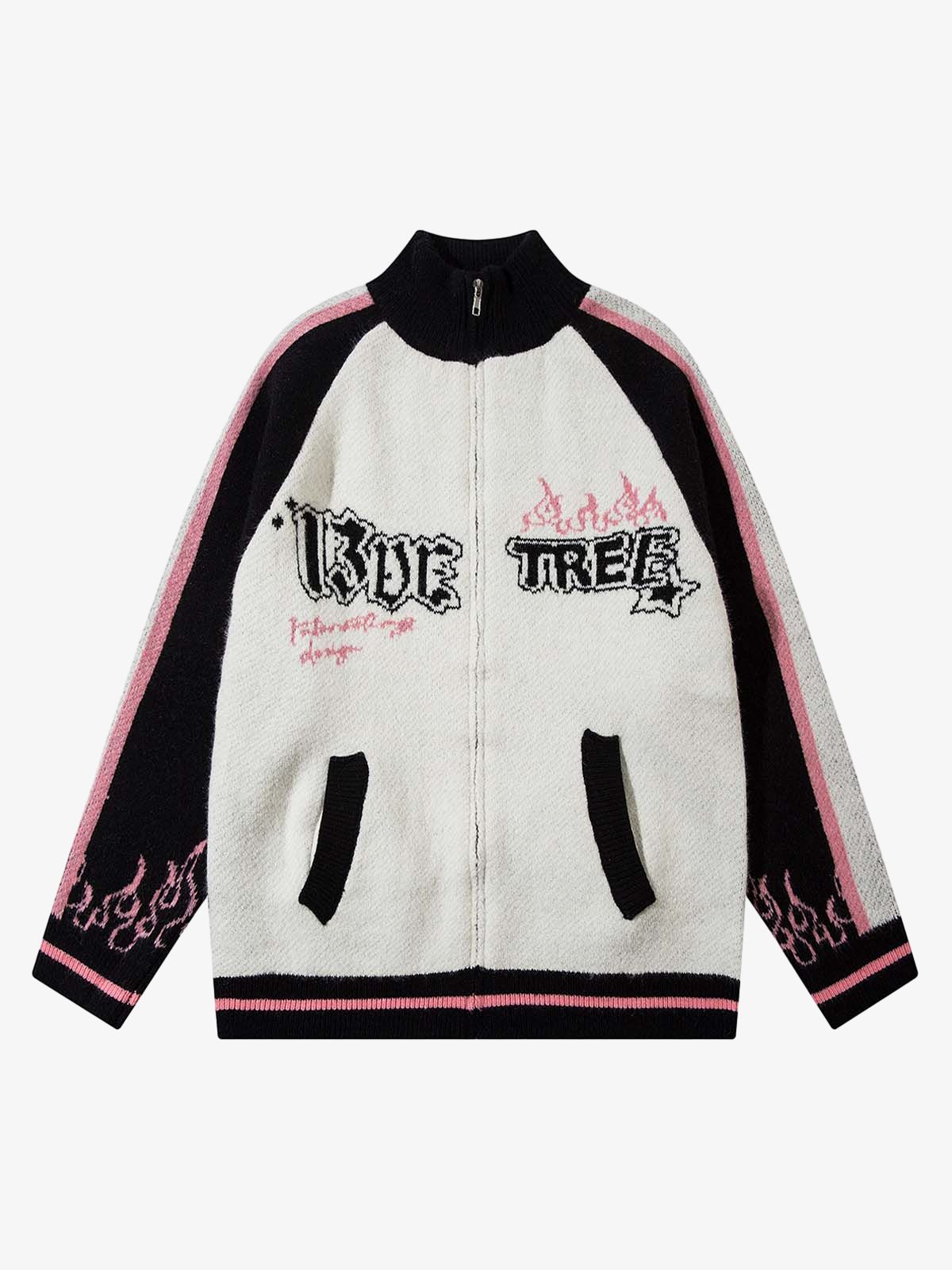 Thesupermade Contrast Color Jacquard Mock Neck Zipper Sweater 