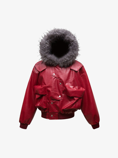 Deconstructed Multi Pocket Fur Hooded PU Leather Jacket 