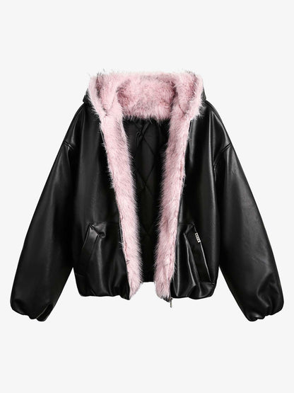 Leather Pink Fur Hooded Quilted Jacket 