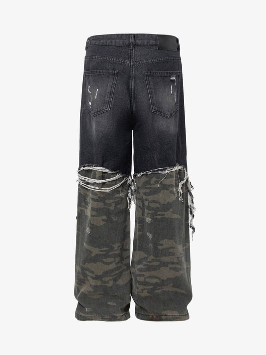 Washed Distressed Stitching Camouflage Straight Jeans 