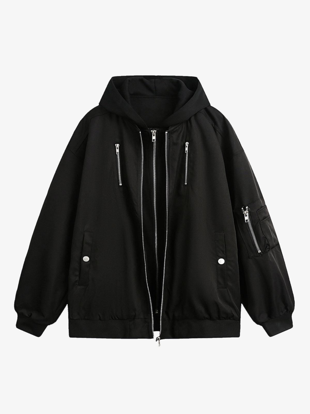 Faux Two-Piece Multi Pocket Spliced Hooded Bomber Jacket 
