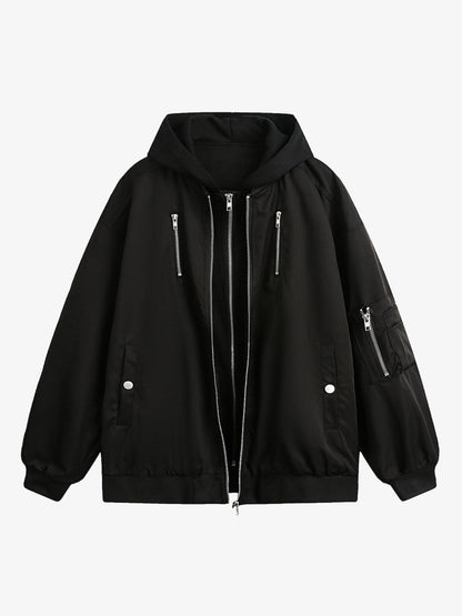 Faux Two-Piece Multi Pocket Spliced Hooded Bomber Jacket 
