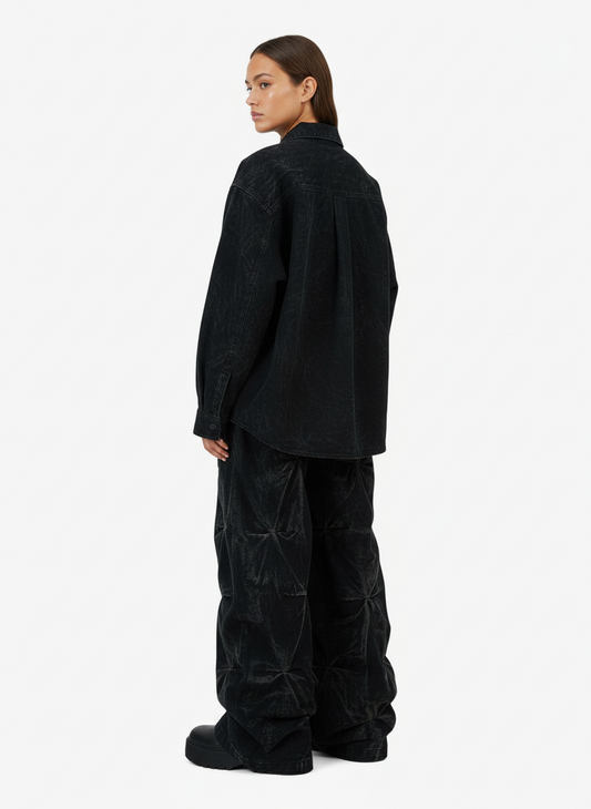 Denim Heavy Washed Distressed Pleated Baggy Jeans - 2282