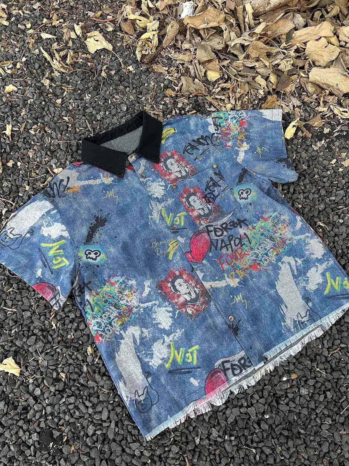 Tie-Dye Denim Graffiti Polo T-Shirt 